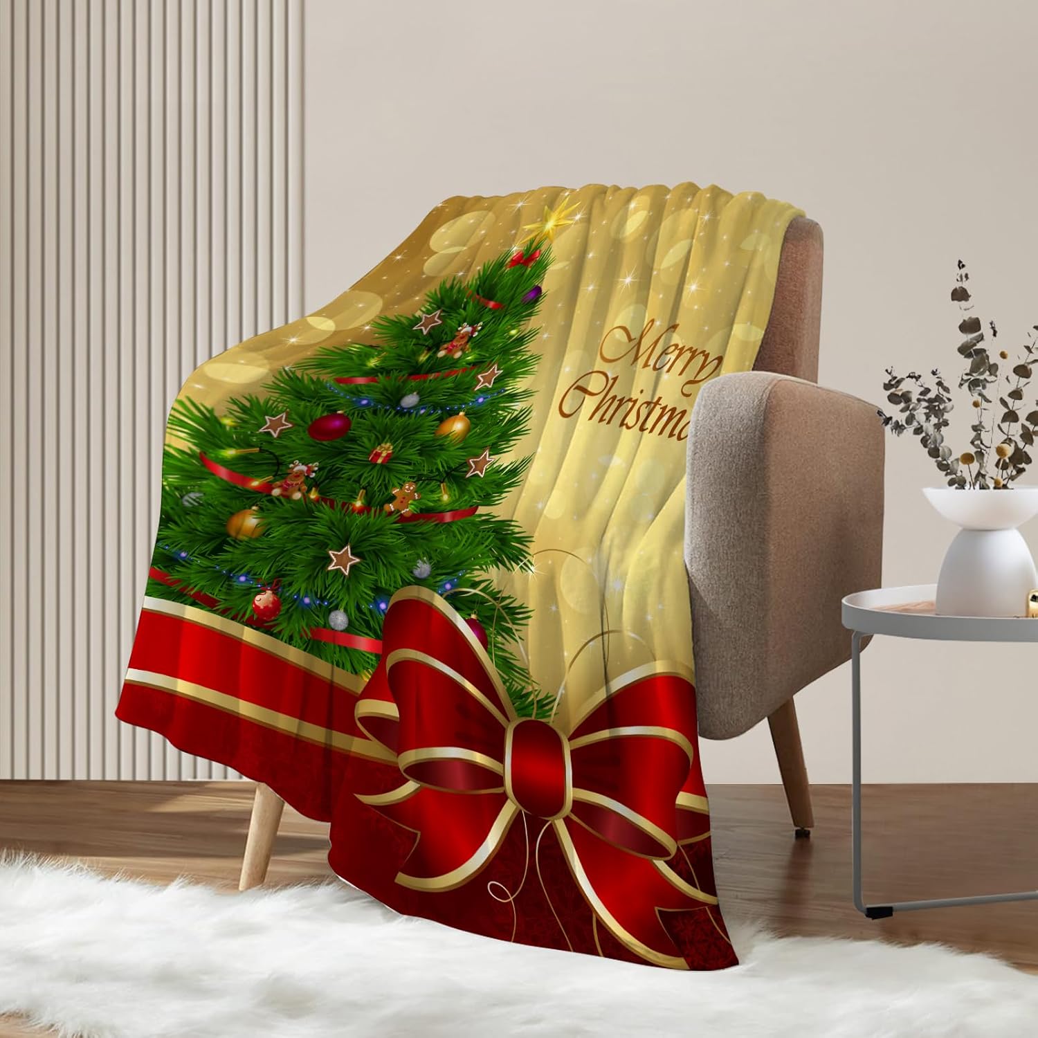 Neatee Living Christmas Fleece Throw Blanket Couch Sofa Bed Green Red Gold Christmas Tree Blanket Xmas Holiday Throw Blanket Soft Lightweight Fuzzy Plush Decorative Blankets and Throws 50x60