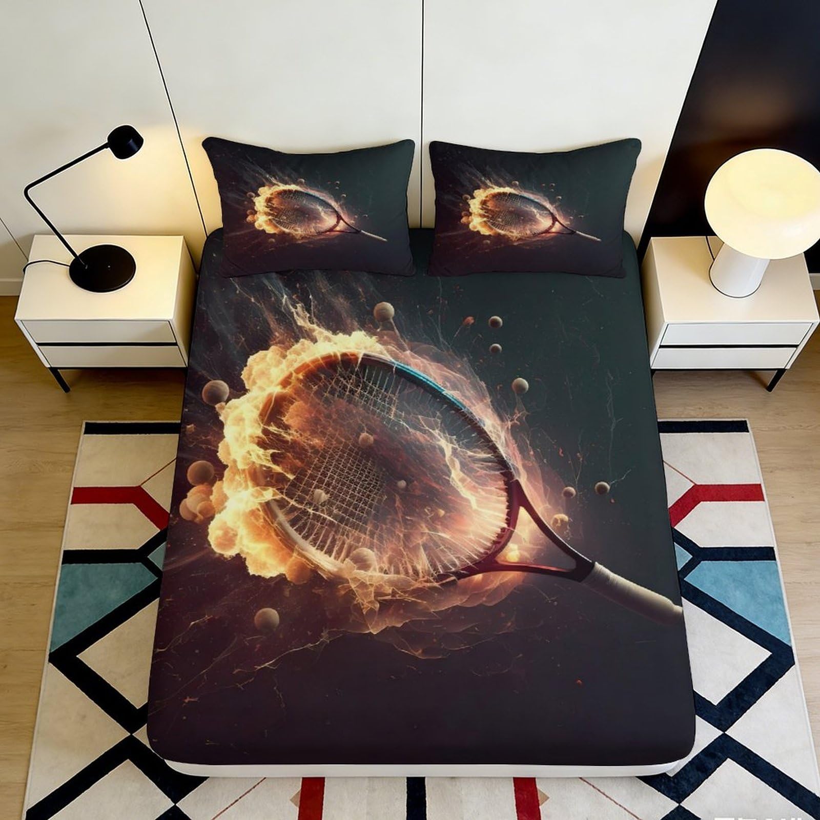 3D Printed Fiery Tennis Racket Fitted Sheet Microfiber Breathable Flaming Ball Bed Sheet for Bedroom Dormitory Guest Room Mattress Protection Decor 200x200x25cm