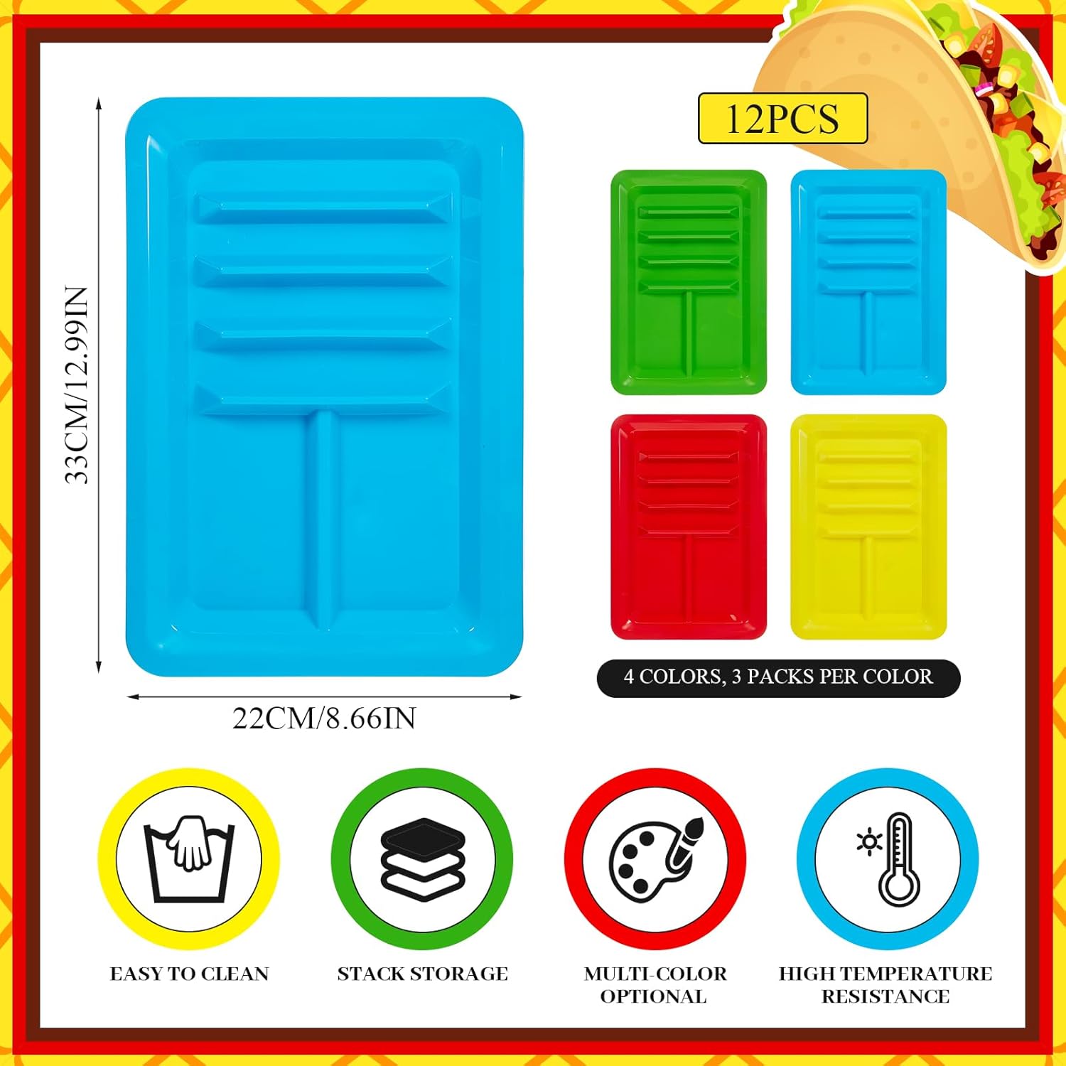 Uiifan 12 Pcs Colorful Plastic Taco Plates for Birthday Party with Stand up Divider for 3 Tacos and 2 Dipping Areas Trays for Mexican Party Fiesta Microwave Dishwasher Safe
