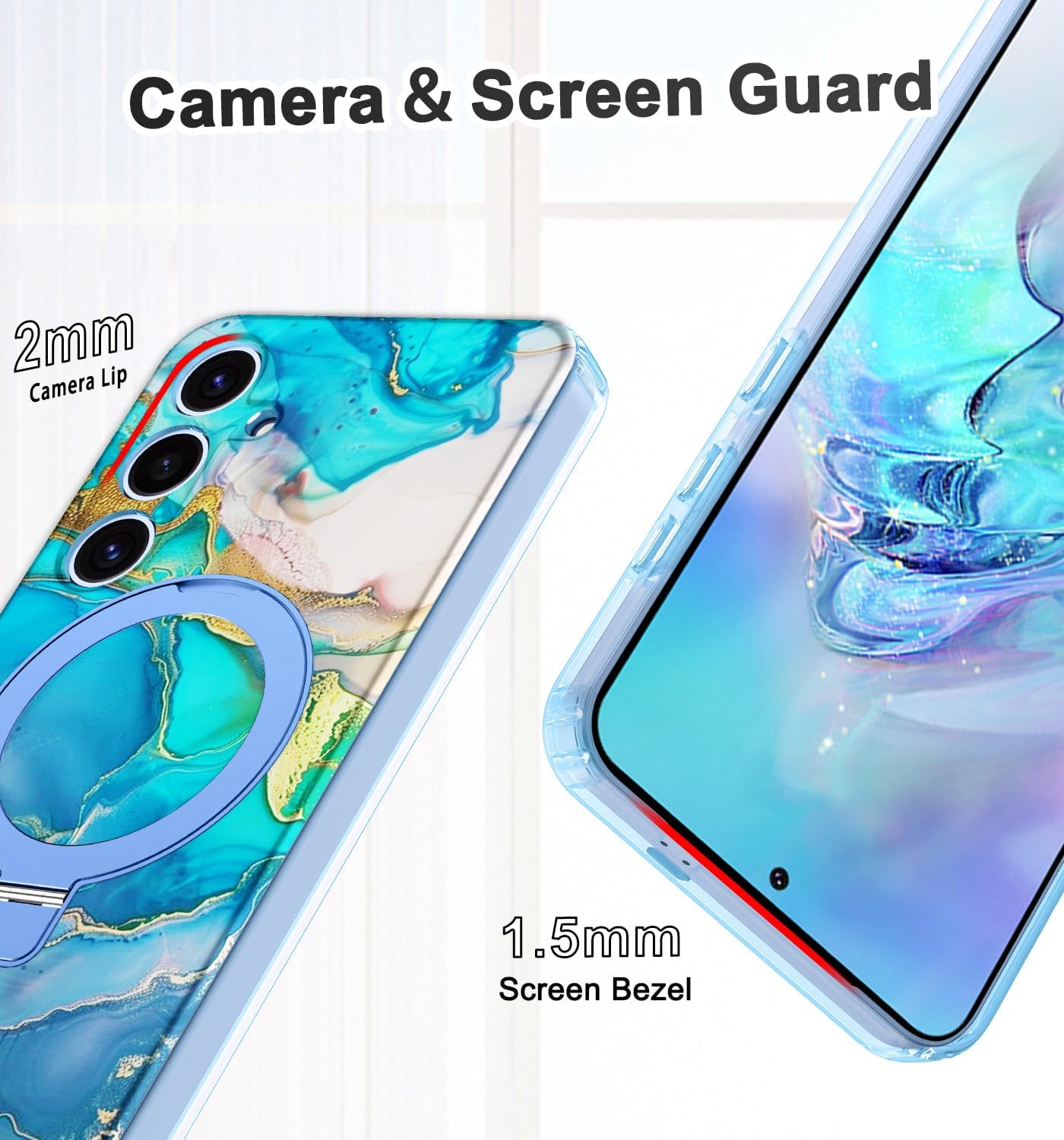 Magnetic for Samsung Galaxy S25 Case with Invisible Ring Stand [Compatible with MagSafe], Full Body Rugged Slim Women Men Girl Shockproof Marble Pattern Design Case,Light Blue