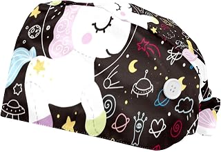 2 Pieces Working Hat with Buttons Adjustable Sweatband Bouffant Hats Unisex Tie Back Hats Galaxy Unicorn Horse