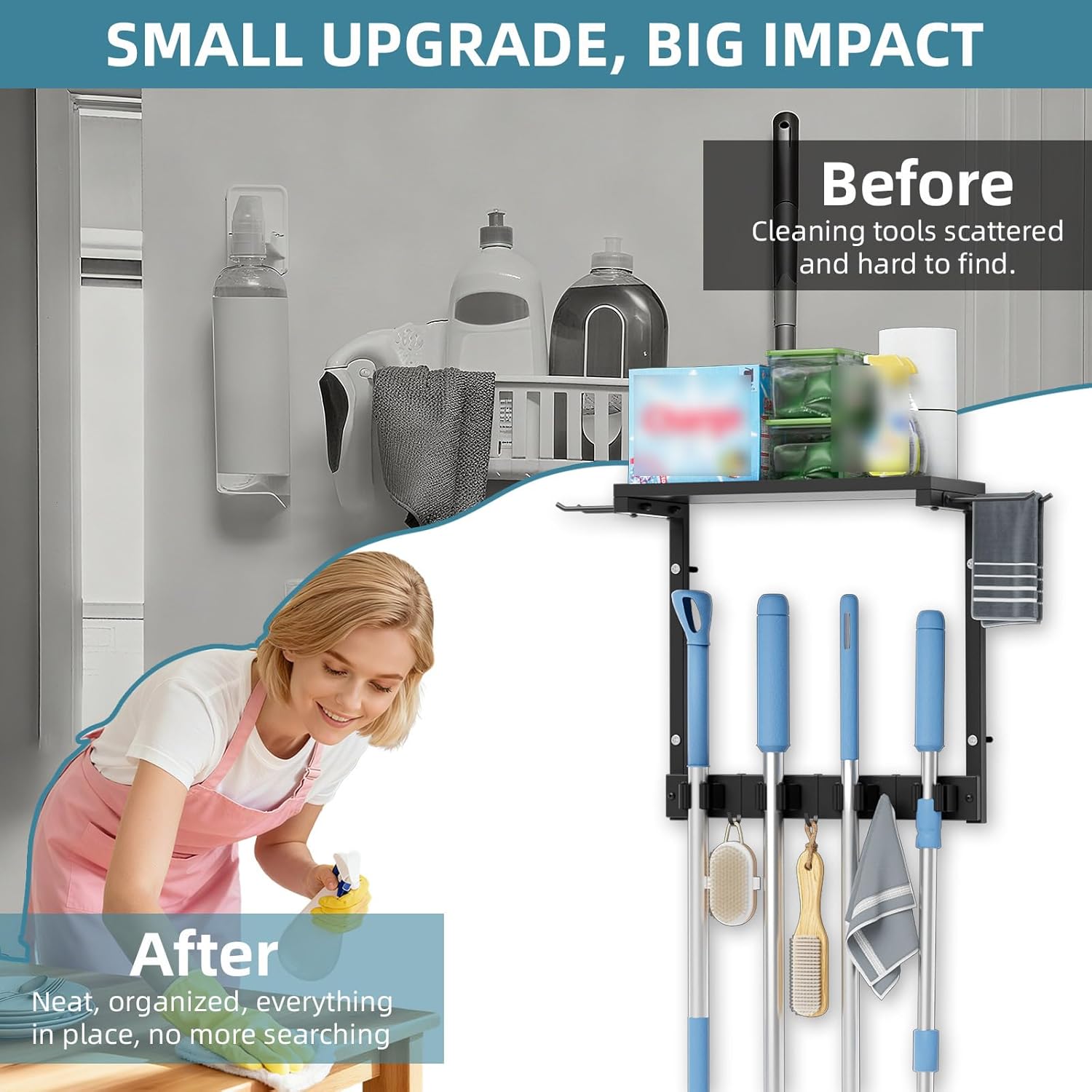 Broom Holder Wall Mount with Cleaning Supplies Organizer, Laundry Room Organization and Storage Shelves, Mop Hanger Broom Rack with Hooks, Home Improvement Kitchen Shelf Garage Organizer