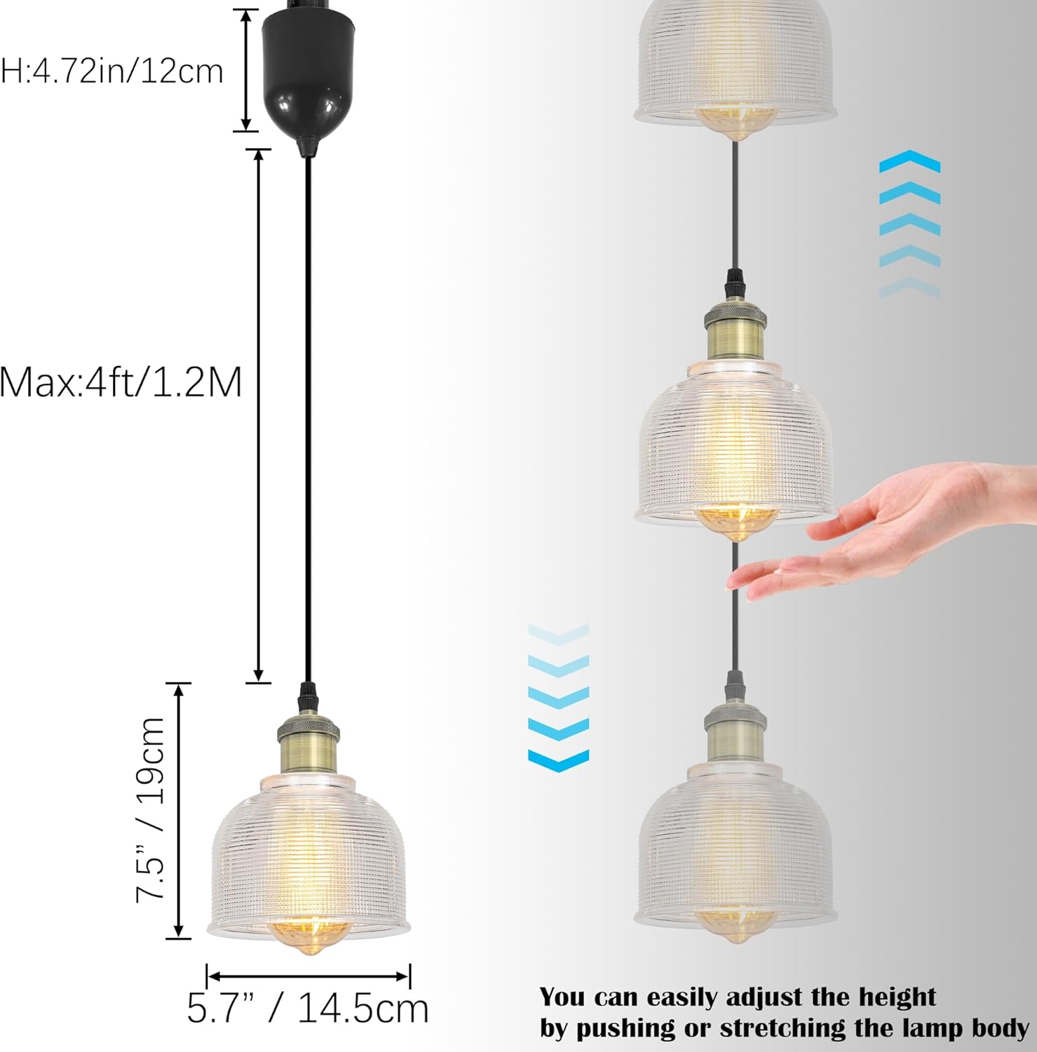 Adjustable Height H Type Track Lighting Antique Brass E26 Socket Striped Clear Dome Shape Glass Shade 4 Ft Dimmable Pendant Light Decorate for Plant Kitchen Island Customizable