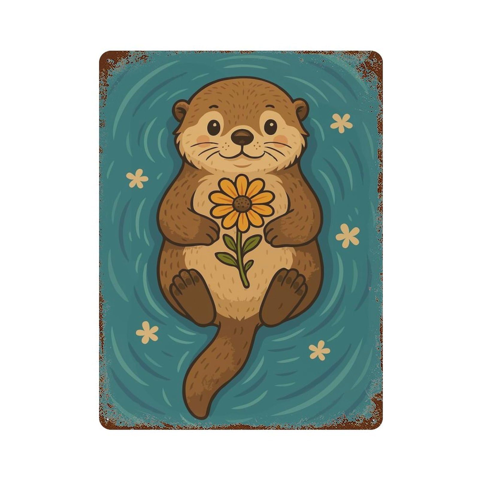 Floating Otter with A Flower Vintage Wall Sign 15.7"x11.8", Rust Effect Metal Decor for Basement, Hobby Room And Garage Decor