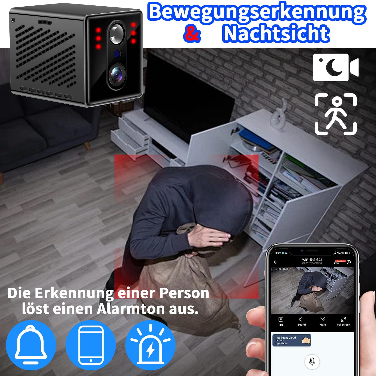 Mini Kamera 2K WLAN 140° Weitwinkel, Nachtsicht & PIR-Bewegungserkennung | 8h Akku, Zwei-Wege-Sprache, 2300mAh, WiFi- & DV-Modus, 20 Tage Standby