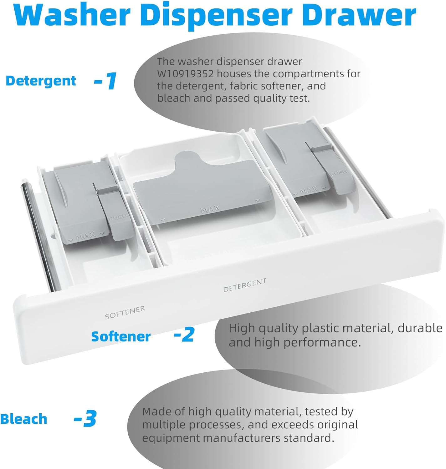 W10919352 AP6037331 W10794835 4455043 PS11770104 W10601825 W10777533 Washer Dispenser Detergent Drawer Assembly Compatible with Whirlpool Maytag Top Load Washing Machine Replacement Part, White