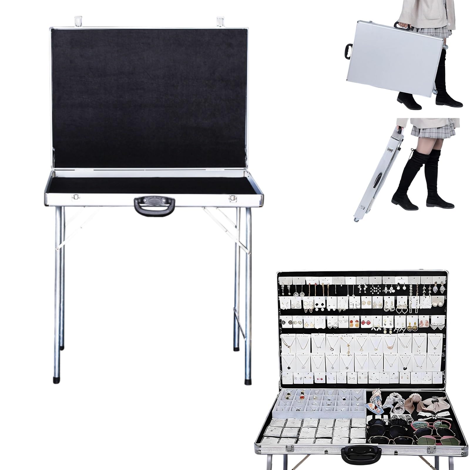Pudełko na biżuterię, składana przenośna aluminiowa obudowa na kolczyki, naszyjniki, pierścionki, okulary przeciwsłoneczne, zegarki, wodoodporna, mobilny wózek sprzedawcy