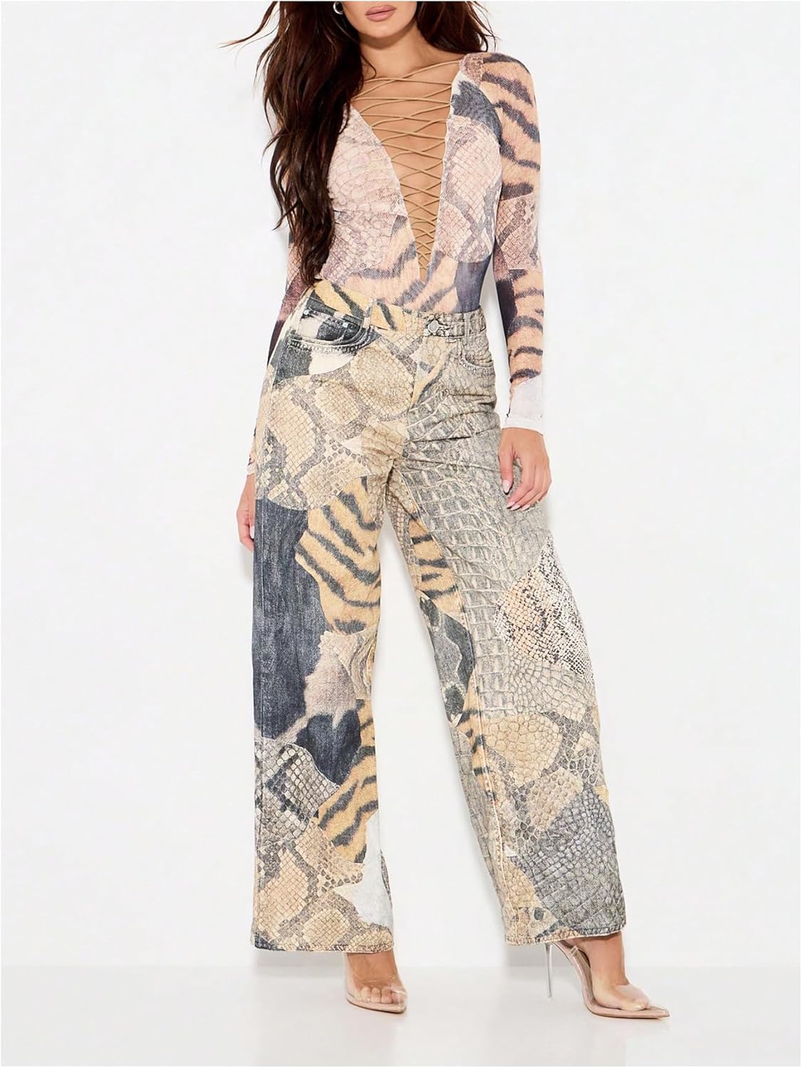 SweatyRocks Women's Deep V Neck Bodysuit Snake Print Criss Cross Long Sleeve One Piece Leotard Tops - Image 5