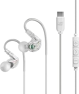 MEE audio M6 Sport USB-C Wired Earbuds with Memory Wire Earhooks, Noise Isolating in Ear Headphones for Running/Gym/Workouts, USB Type C Headset with Microphone and 3-Button Remote, Clear