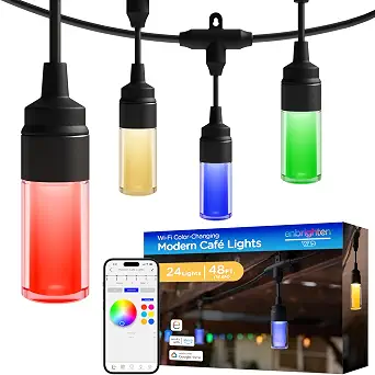 Enbrighten Modern Outdoor String Lights, 48ft, 24 Bulbs, Smart