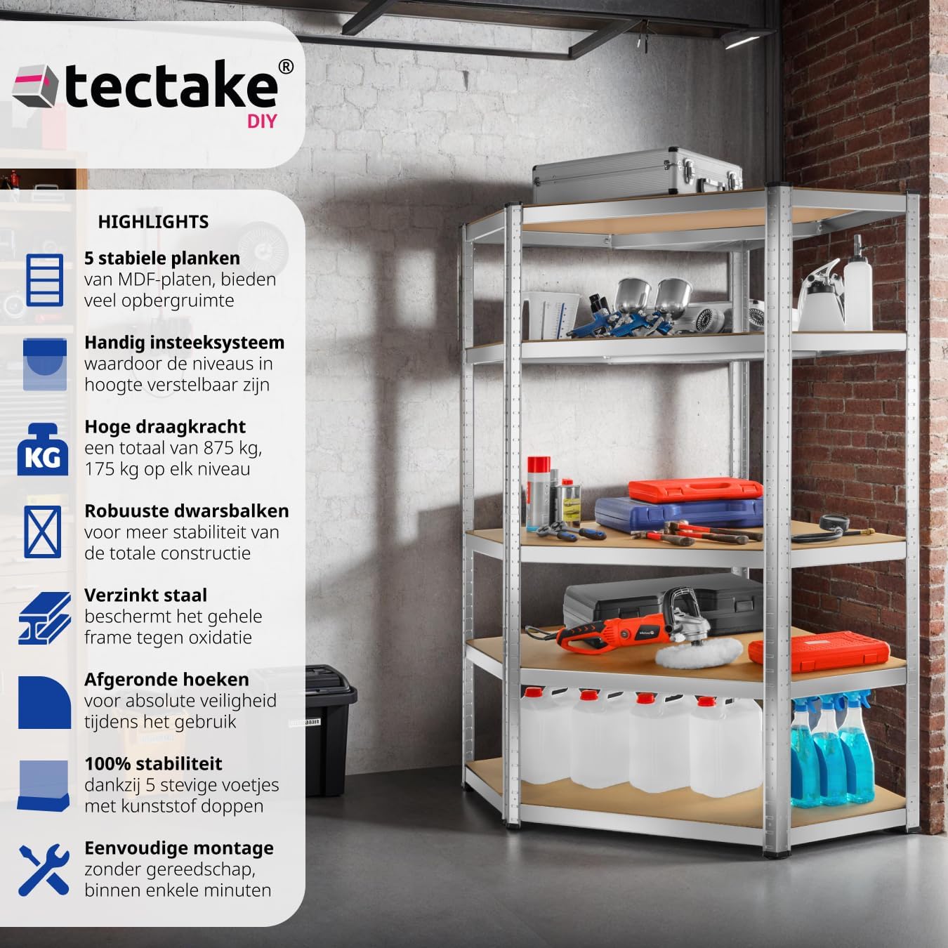 Diagram showing key features of the tectake Corner Shelf