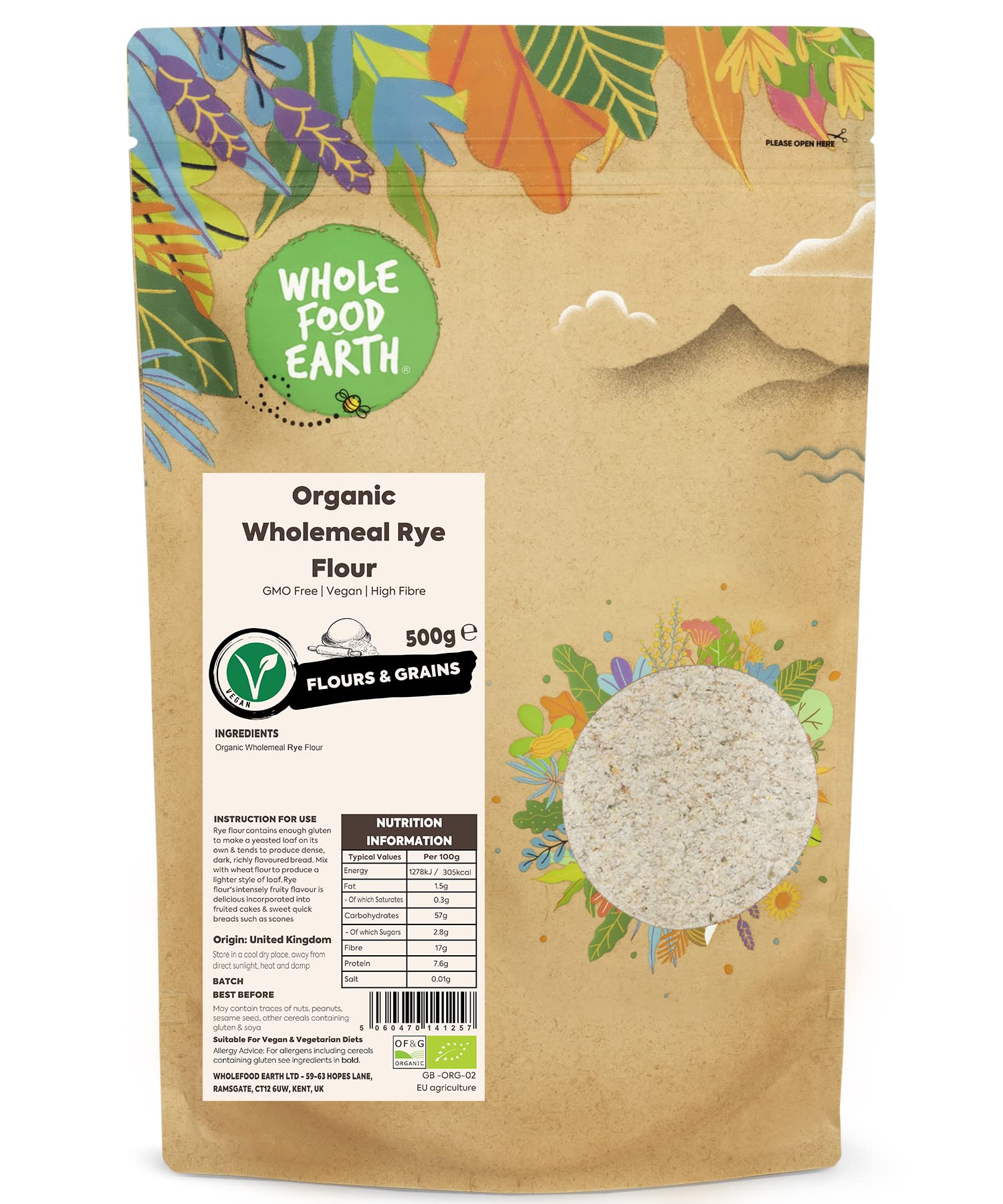 Wholefood Earth - Organic Wholemeal/Dark Rye Flour 500 g