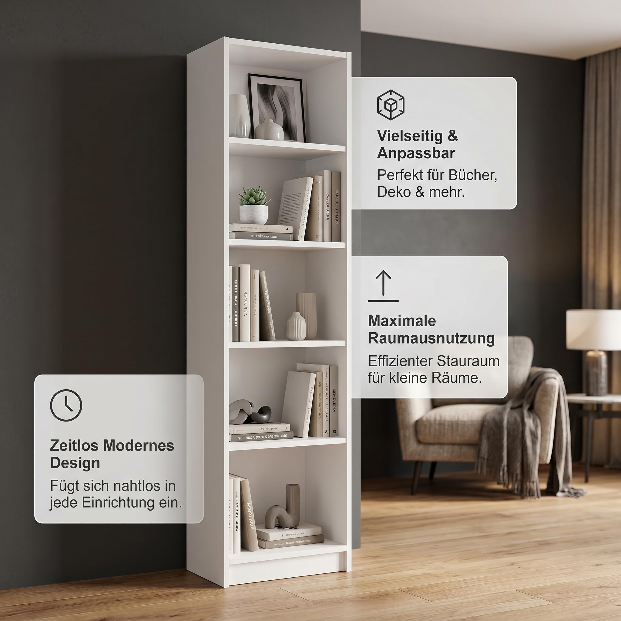 Librería blanca alta y estrecha 50x31x183 cm estantería libros con 5 baldas | La estantería de tablero melaminado ofrece espacio para libros, almacenaje y decoración en salón, dormitorio u oficina