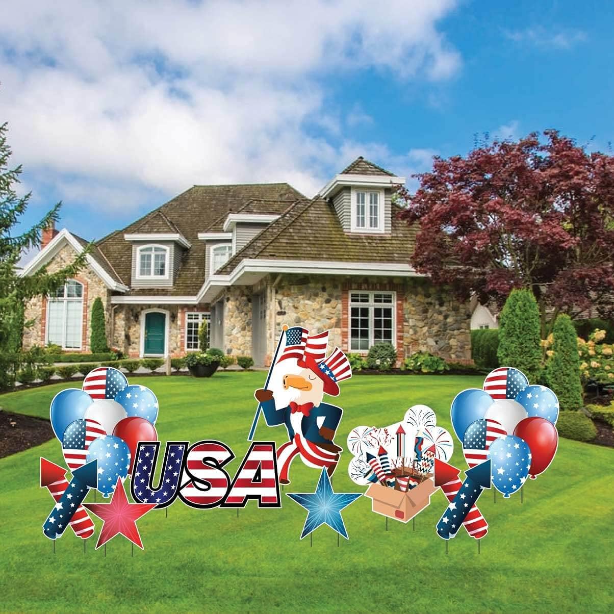 VictoryStore Yard Sign Outdoor Lawn Decorations:USA Uncle Sam Patriotic Yard Card Decoration 9pcs, Includes Stakes, 19374