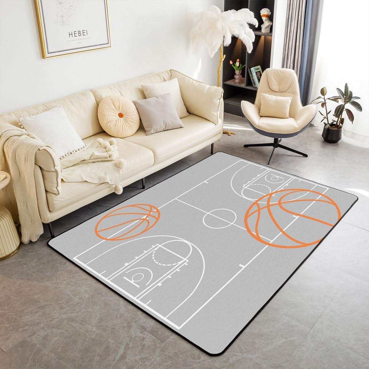 Feelyou Basketball for Kids Boys Girls Basketball Court Decorative Rug Area Rug 5x7 Grey Living Room Rugs Decor Sport Indoor Floor Mat