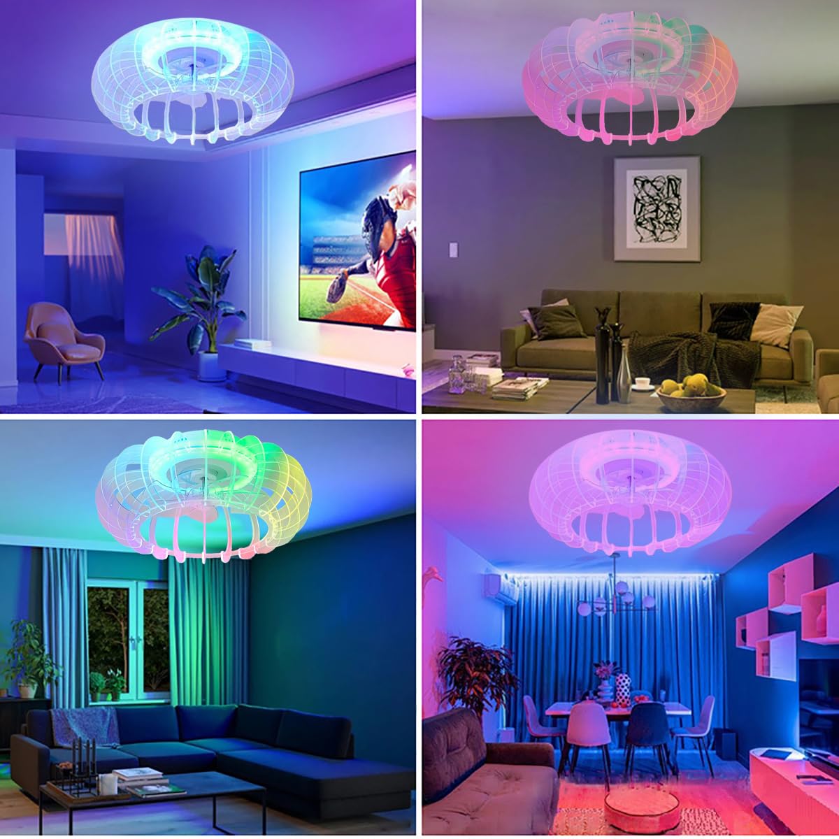 Ventilatore da soffitto silenzioso RGB con illuminazione, lampada da soffitto a LED con ventilatore e telecomando, dimmerabile, camera dei bambini, lampada con altoparlante Bluetooth, musica, lampada