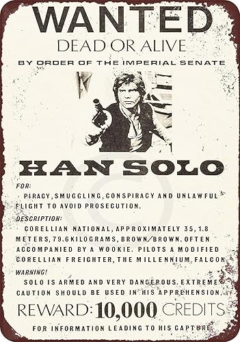 Wisesign Letrero de hojalata para decoración de pared, letreros de metal personalizados de estaño Kraze Han Solo Wanted Poster Vintage Reproducción