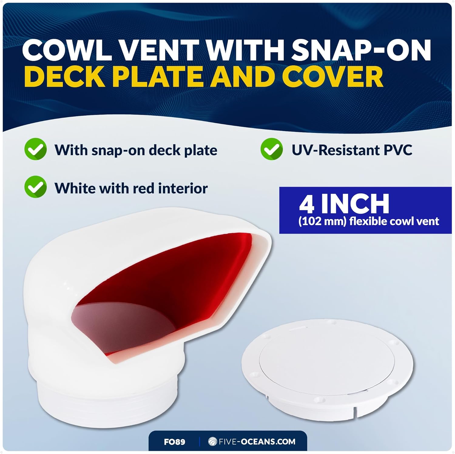 Five Oceans Cowl Vent with Snap-On Deck Plate and Cover, Low Profile UV-Resistant and Flexible PVC, Red Interior, for Air Intake or Cabin Ventilation