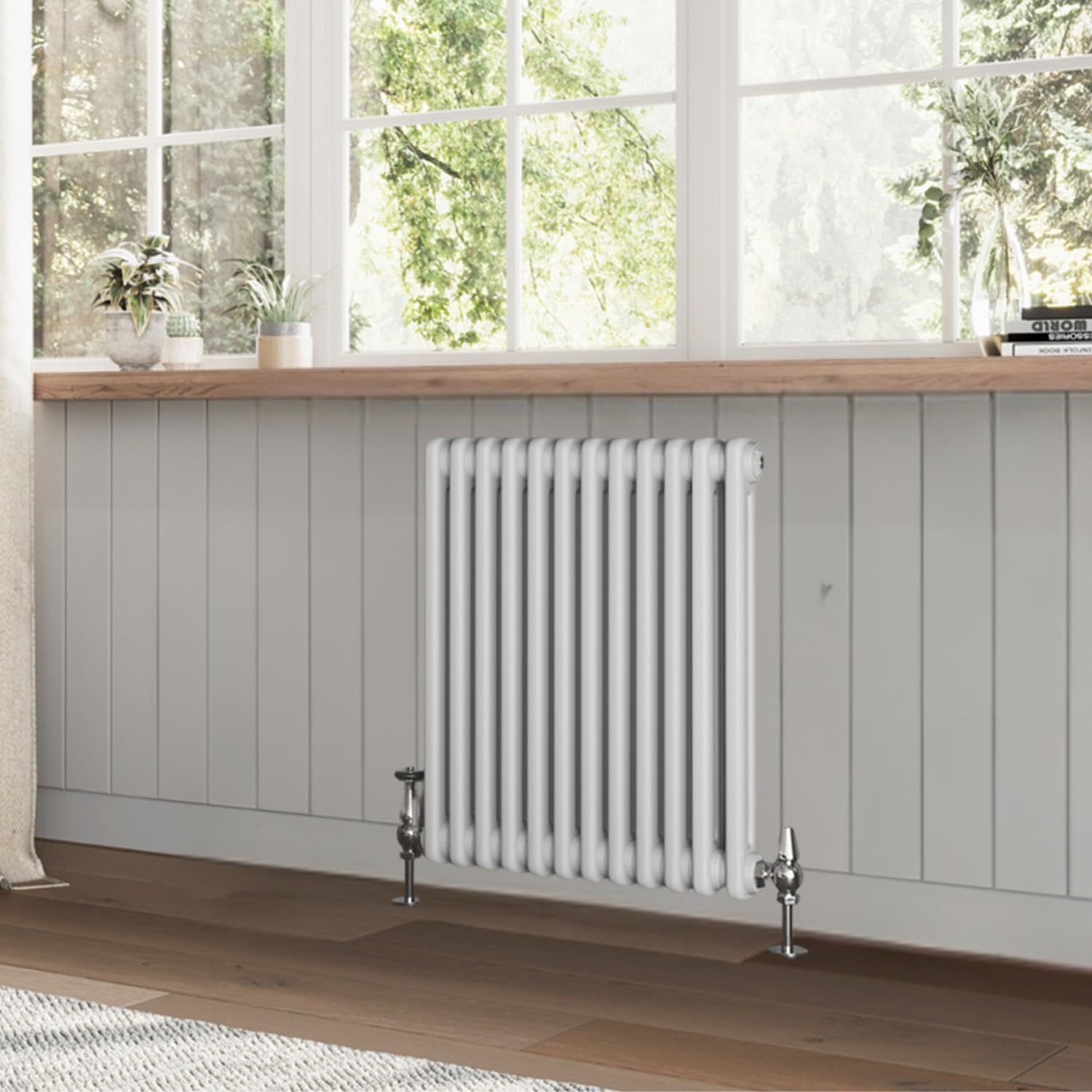 Go Bathrooms Utopia White Horizontal Radiator 600 x 605mm Traditional Cast Iron Style 2 Column White Central Heating Living Room Radiator โ image 1