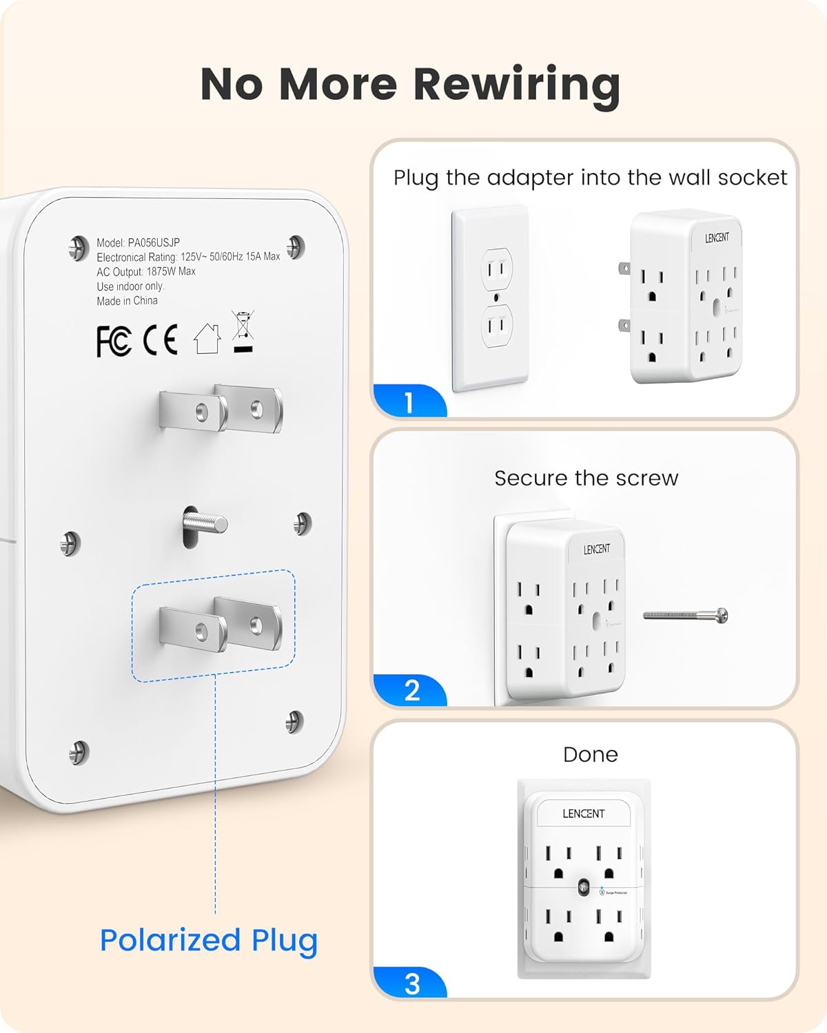 LENCENT 2 Prong Power Strip, 3 to 2 Prong Outlet Adapter, Surge Protector, Polarized Plug, 3-Sided Widely Spaced Extender, Compact Wall Plug Splitter Tap for Non-Grounded Outlets in Old House 2 Pack