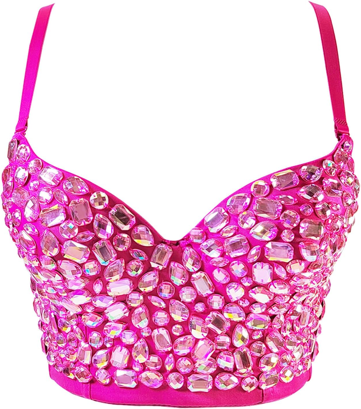 VEENDEO Women's Bustier Crop Top Corset Top Push up Rhinestone Diamond Bra Club Party Vest with Detachable Straps