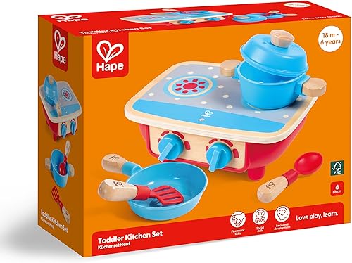 Miniatura 3 de Hape Juego de cocina para niños pequeños Juego de cocina de madera de 6 piezas, juego de cocina con estufa de juguete, sartén, cuchara, espátula
