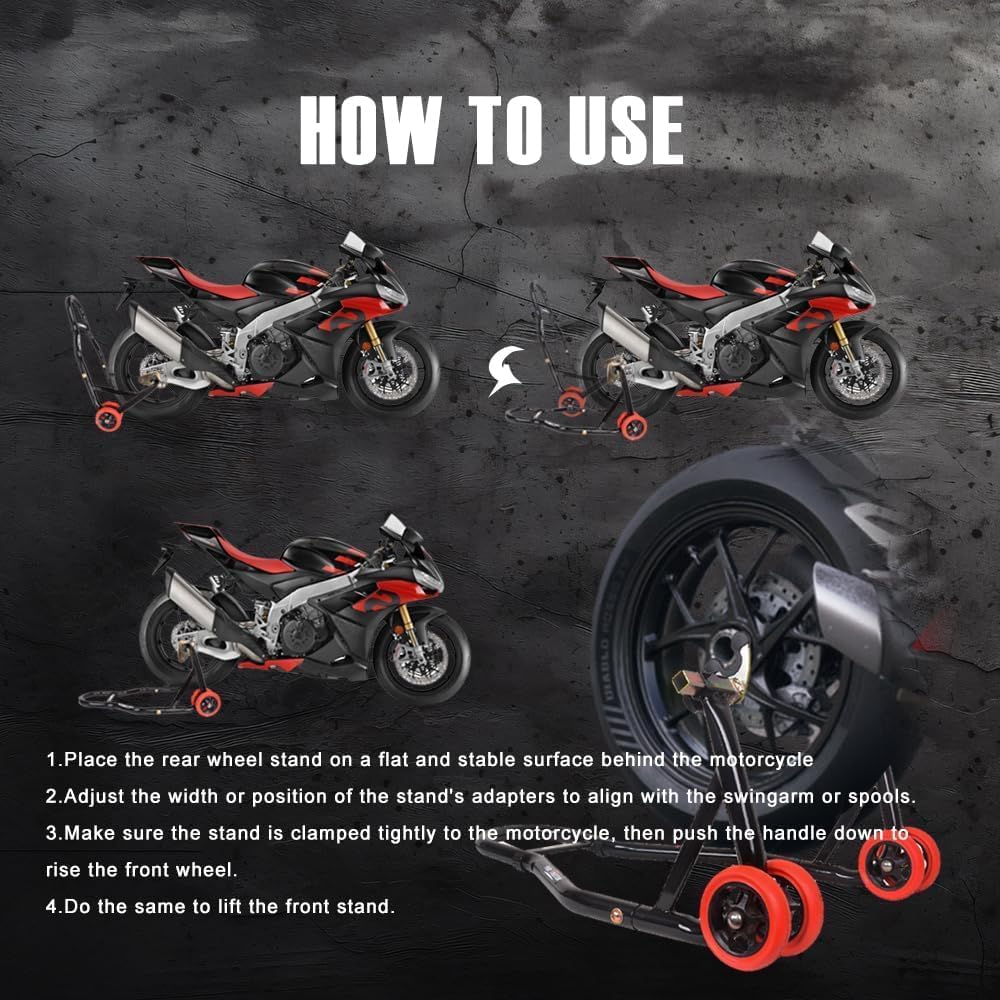 Motorcycle Stands Front Rear, Upgraded Front and Rear Combo Stand Lift with 4 Types of Adapters, Universal Motorcycle Paddock Wheel Lift Stands for Parking, Maintenance, Cleaning