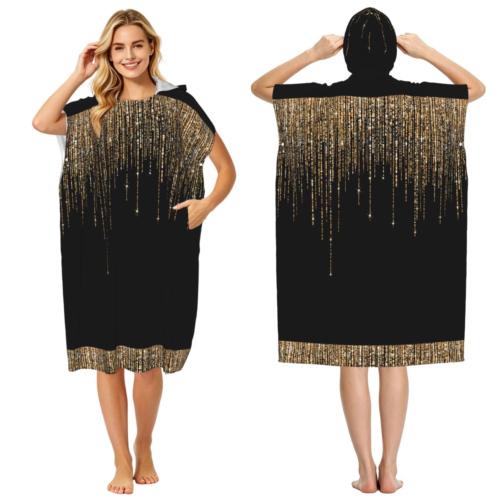 Poadnly Black Gold Sparkly Glitter Fringe, Adult Hooded Beach Towel 90 x 110 cm,Changing Bath Robe, Surf Poncho Towel For Women Men