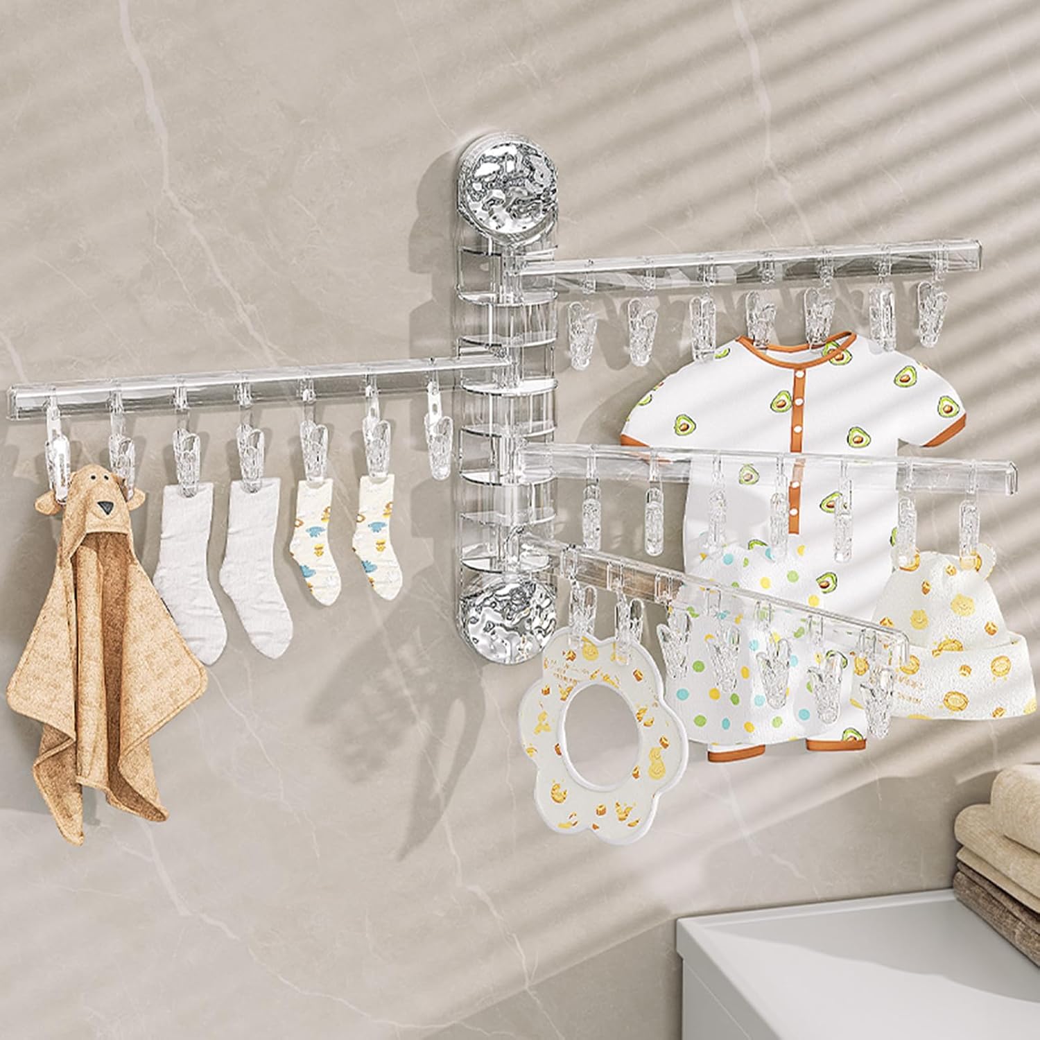 Clothes Drying Rack Wall Mounted, Clothes Drying Rack Folding with Clip, 180° Rotation, Balcony Drying Rack Dryer, Space Saver for Socks, Underwear, Rags, Towels