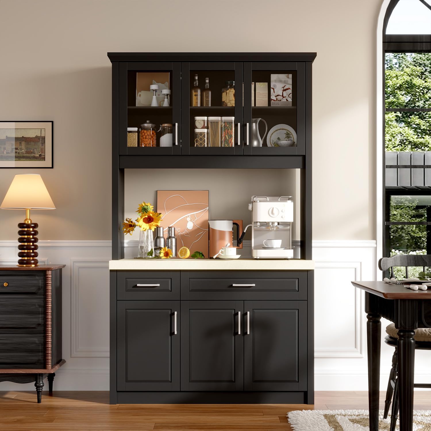 Timechee Cupboard, Kitchen Pantry Storage Cabinet, Modern Food Pantry Cabinet with 2 Drawers, 3 Glass Doors and Metal Handles for Kitchen, Bathroom, Black + Beige(18.7" D x 47.6" W x 82.7" H)