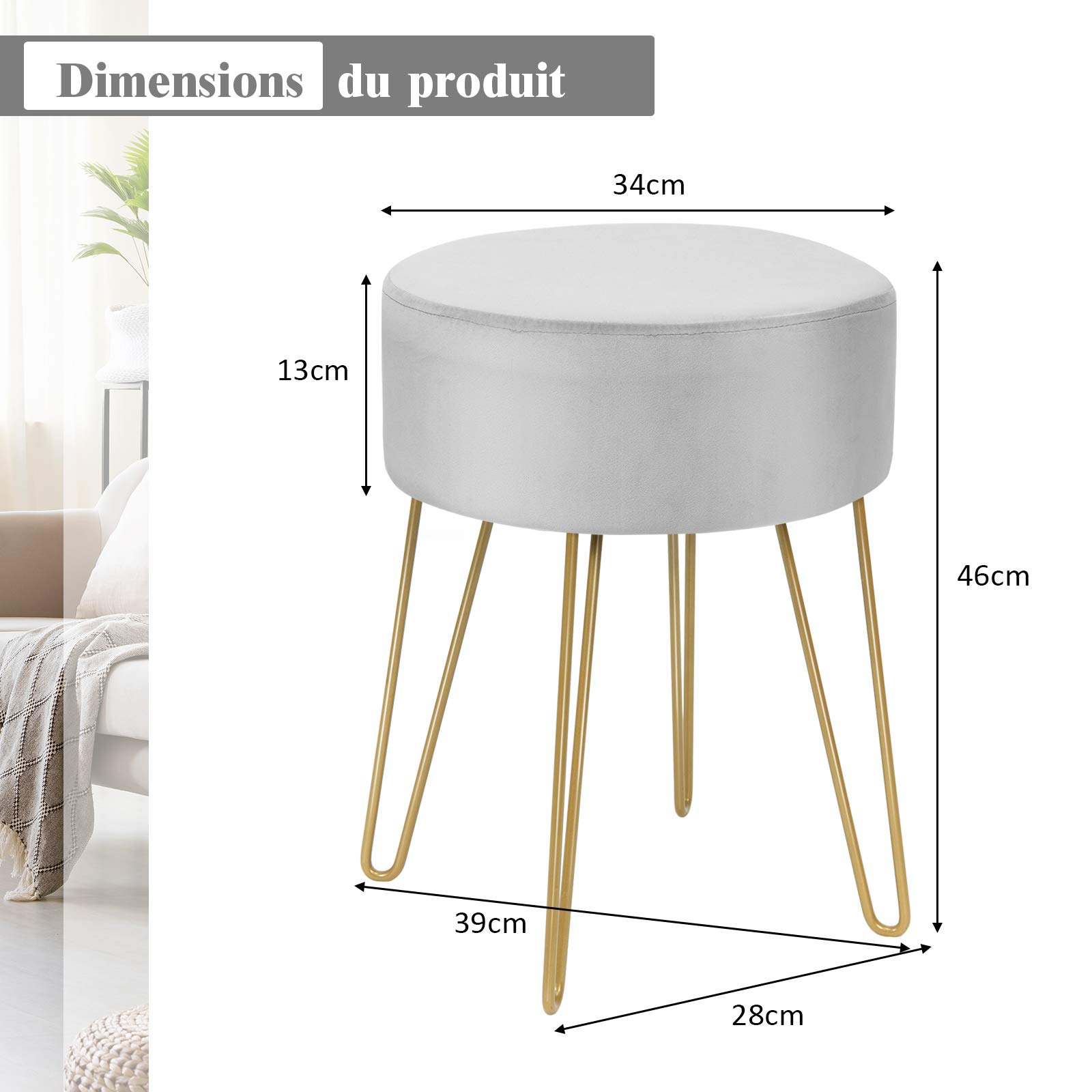COSTWAY Siège de Coiffeuse Rembourré, Pouf Repose-Pieds Moderne Rond, Tabouret en Velours avec Pieds Métalliques Robustes, pour Salon, Chambre (Gris)