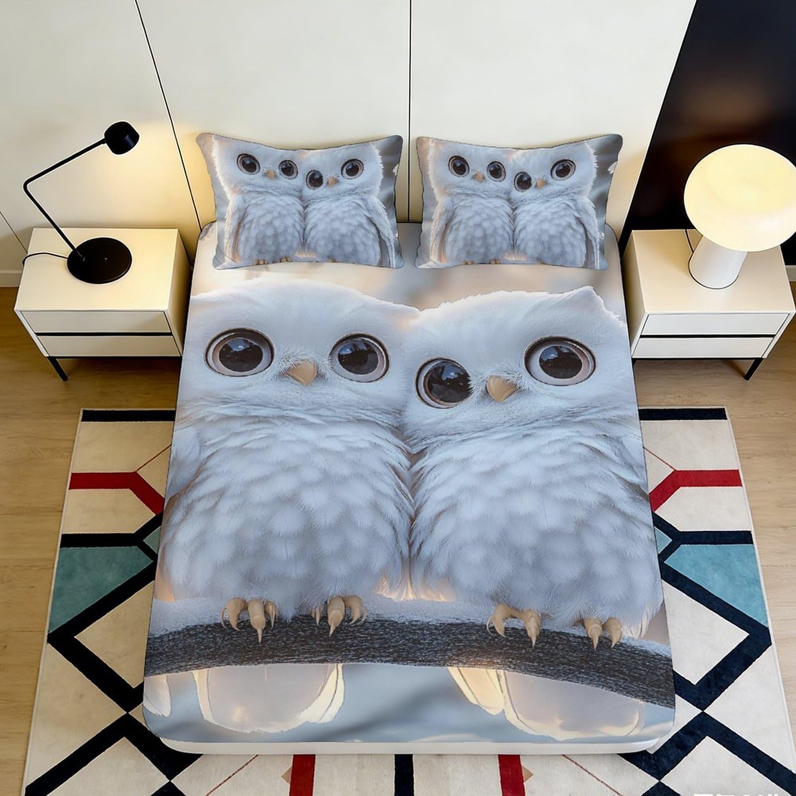 3D Printed Owl Theme Fitted Sheet Microfiber Non-Slip Deep Pocket Owl Pattern Mattress Fitted Cover Bedroom Bedding 90x200x25cm