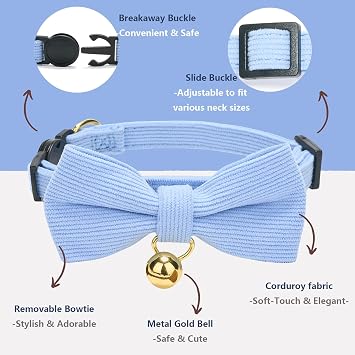 Quick Release Cat Collar,Corduroy Breakaway Pink Kitten Collar With Removeable BowTie and Gold Bell,Pack of 2,Blue Pink