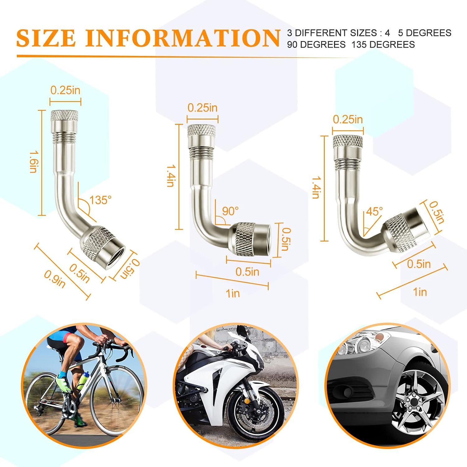 8 Pieces Valve Stem Extension, 2 Pcs 7.1 Inch Dual Stainless Steel Braided Tire Valve Stem Extender 6 Pcs 45 90 135 Degree Brass Extender Adaptor for Dual Wheels Car Truck Motorhome RV(7.1 Inches)