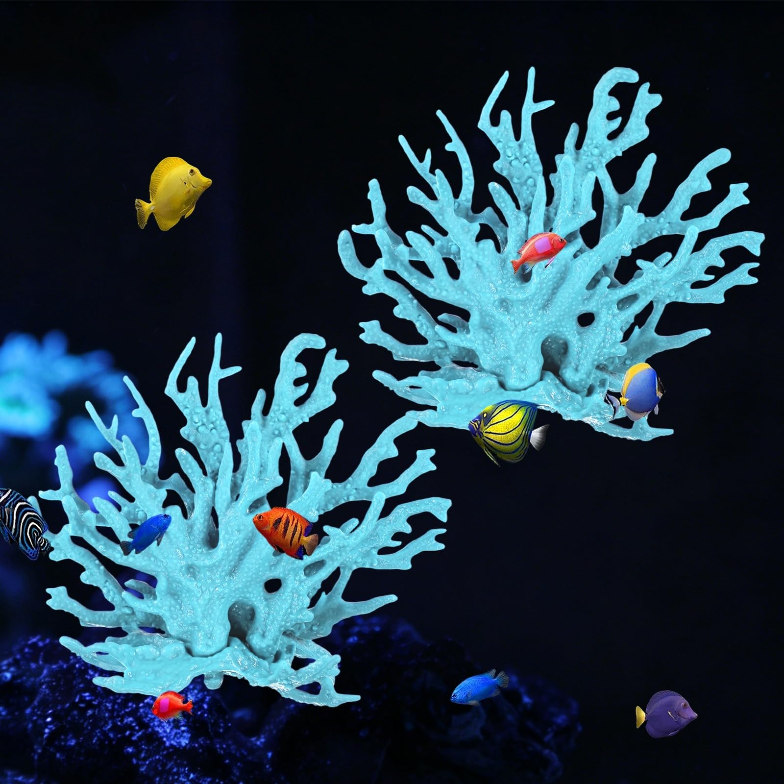 M METERXITY 2 Pack Fake Coral Fish Decorations for Tank, PVC Coral Decor, Artificial Fish Aquarium Decor [Blue, 5.04'' x 13.72'' x 4.37'',L x W x H]