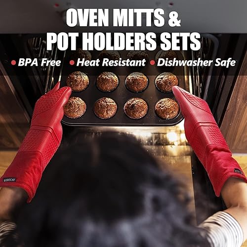 Miniatura 70 de Rorecay Juego de 6 manoplas de horno y soportes para ollas, guantes de silicona extra largos para cocina, resistentes al calor, 500 grados, Milkshake