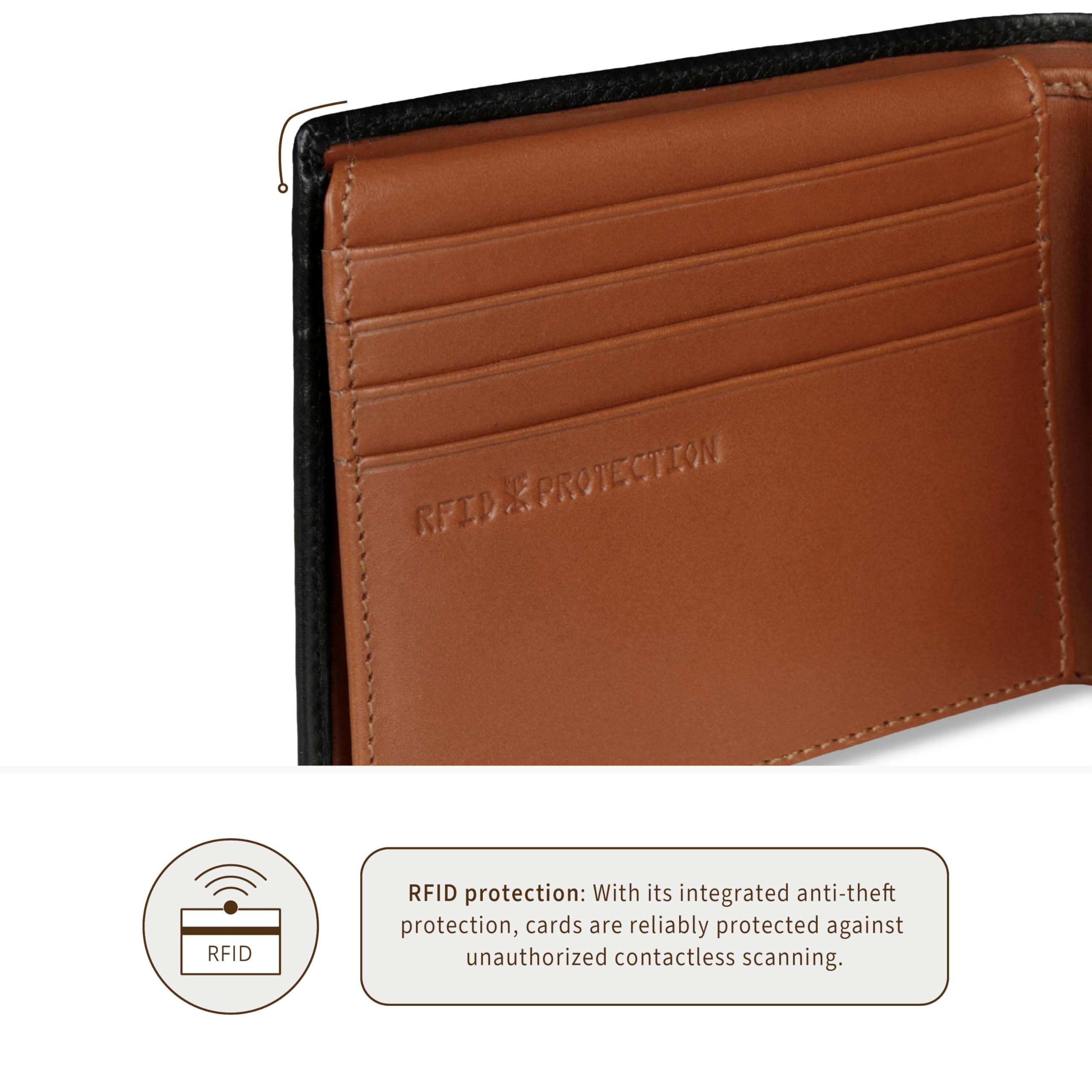 bugatti Roccia kleines Leder-Portemonnaie mit RFID-Schutz, Herren-Geldbörse in Saffiano-Optik, schwarz-Cognac