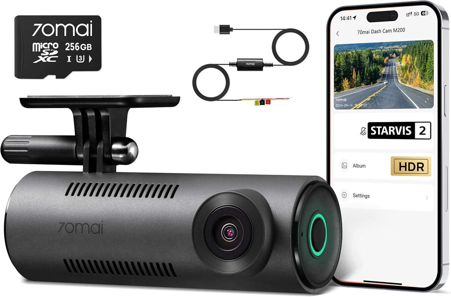 【70mai Dash Camera M310 + 256GB SD Card + Hardwire Kit UP03】 1296P QHD Front Dash Cam for Cars, 130° Wide-Angle WDR, Night Vision, 24H Parking,G-Sensor, WiFi Connection, Voice and App Control