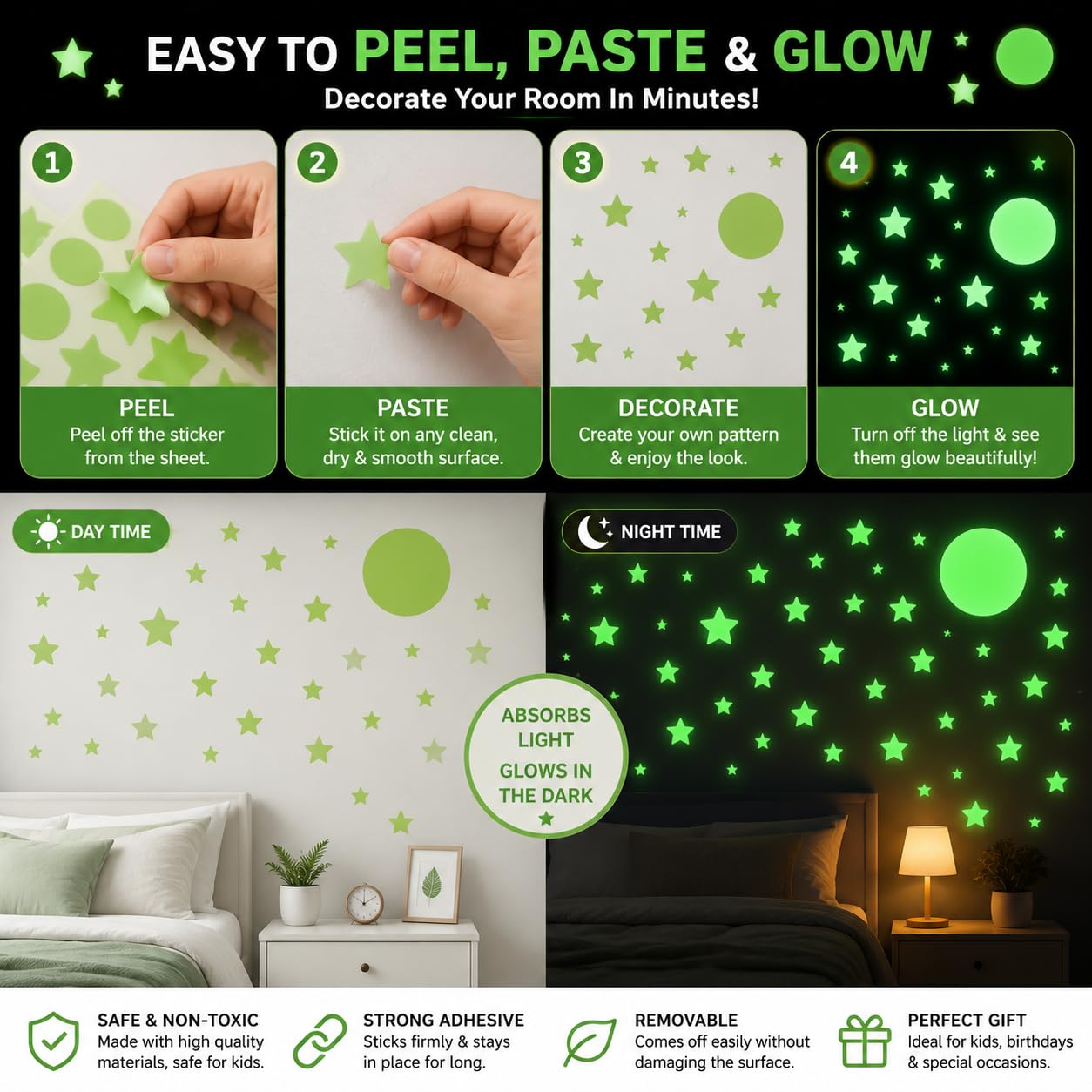 DreamKraft Glow in The Dark Moon & Stars Wall Stickers for Kids Room 3