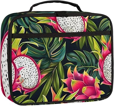 Palm Leaves Dragon Fruit Pitaya Reusable Lunch Box Insulated Lunch Tote Bag