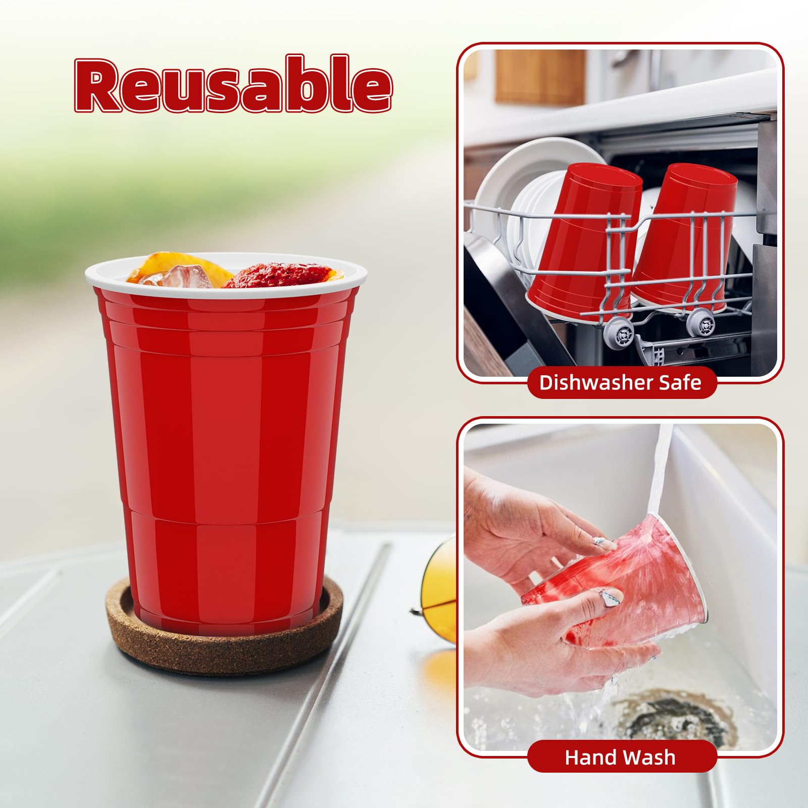 Verre Plastique Reutilisable 100 Gobelets Rouges Réutilisables 16oz (473ml) + 10 Balles - Polypropylène Alimentaire, Pour Fêtes, Anniversaires & Mariages