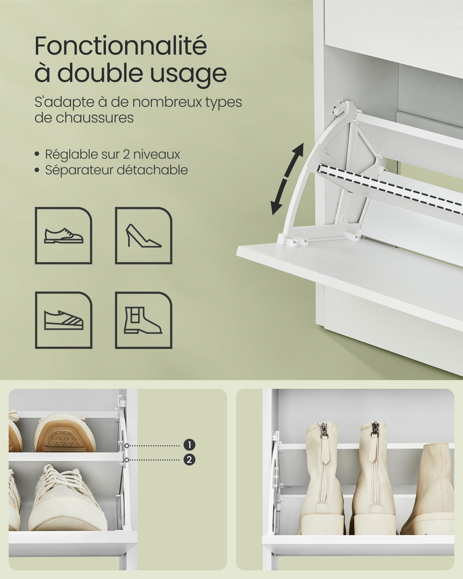 VASAGLE Custos Collection - Meuble à Chaussures 2 Portes, Étagère à Chaussures, Compartiment Ouvert, Séparateur Réglable, 10 à 12 Paires, pour Entrée, Blanc Nuage, LBC046W01