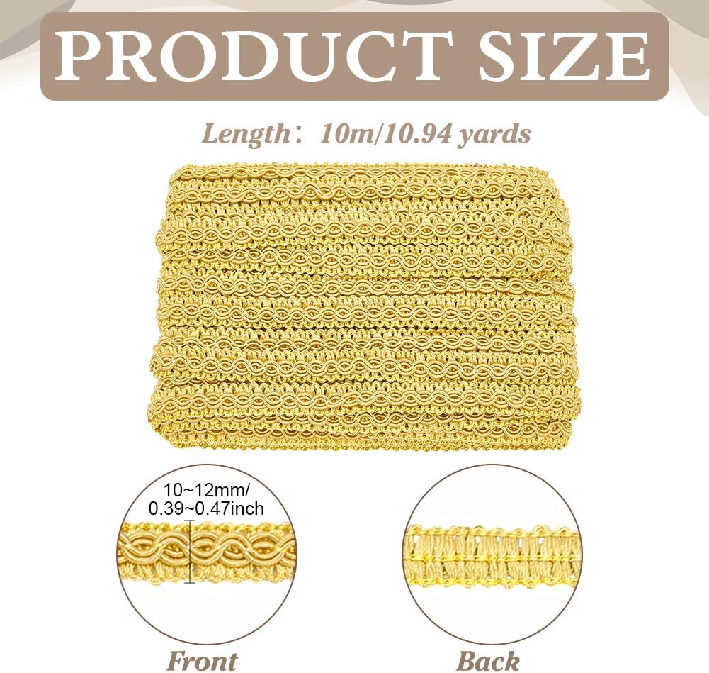 PH PandaHall 10.9 Yards Gold Gimp Braid Trim, 1/2 inch Polyester Woven Fabric Trim Curtain Trim Upholstery Trims for Sewing Costume DIY Crafts Upholstery Slipcover Decoration