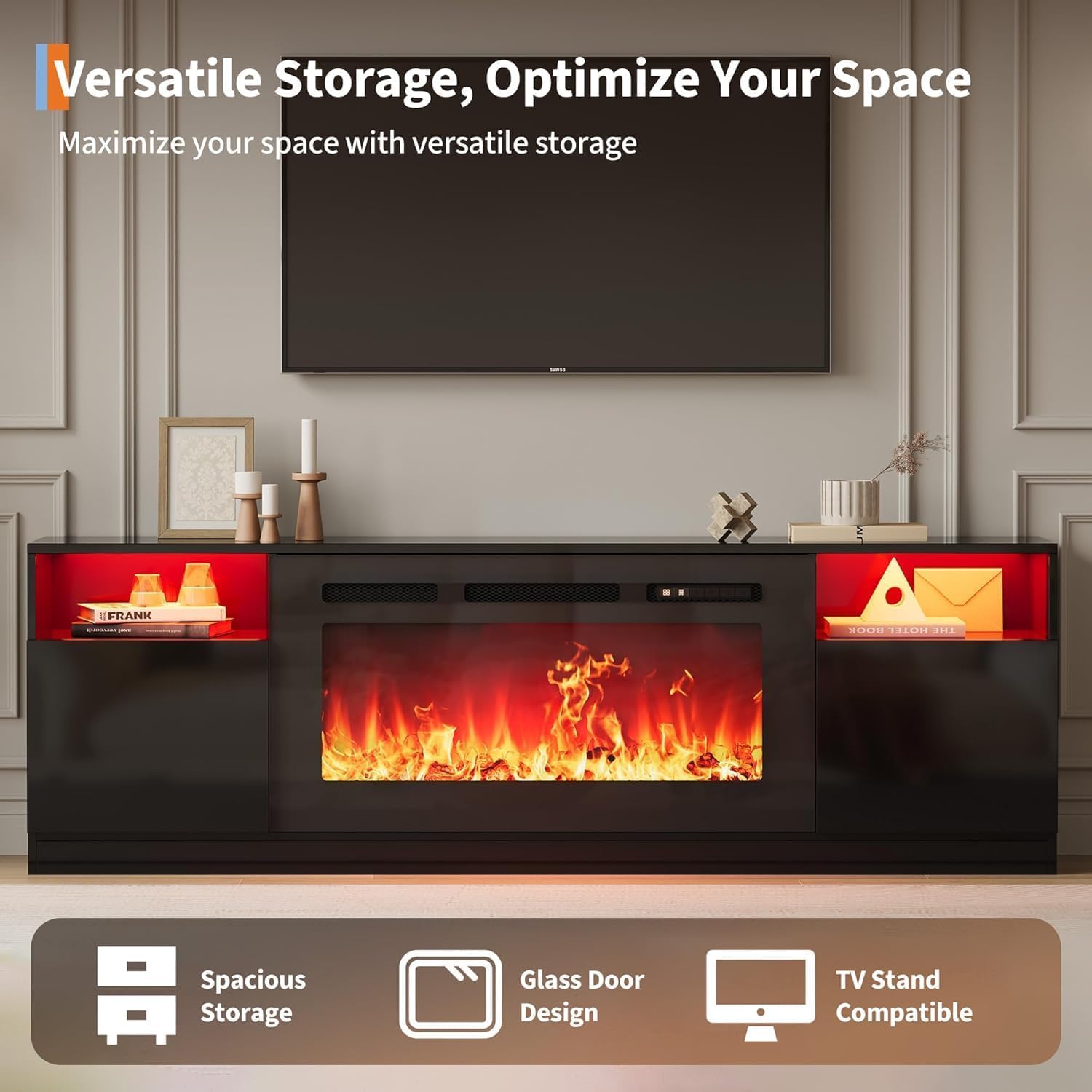 70'' Fireplace TV Stand with 36'' Fireplace, Entertainment Center, 2 Tier TV Console Cabinet with Storage Cabinet, Electric Fireplace Heater with 12 Frame and LED Light Colors, Black