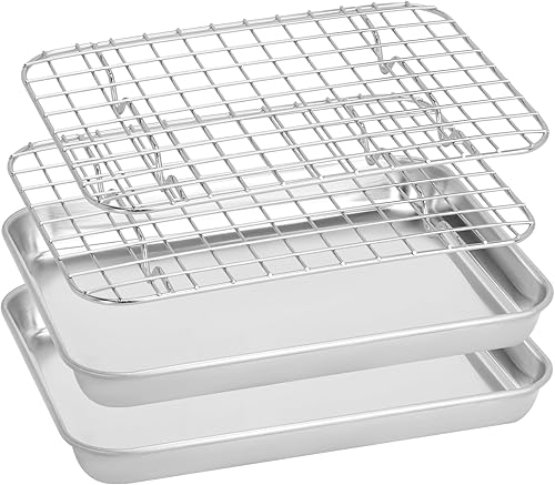 Juego de bandejas para hornear con rejilla (2 sartenes + 2 estanterías), bandeja de horno de acero inoxidable de 9 x 7 x 1 pulgada con estante de