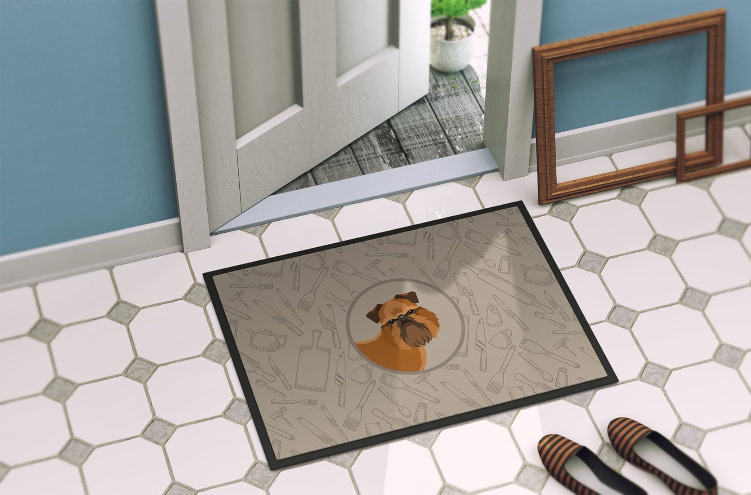 Caroline's Treasures CK2191JMAT Brussels Griffon in The Kitchen Doormat 24x36 Front Door Mat Indoor Outdoor Rugs for Entryway, Non Slip Washable Low Pile, 24H X 36W