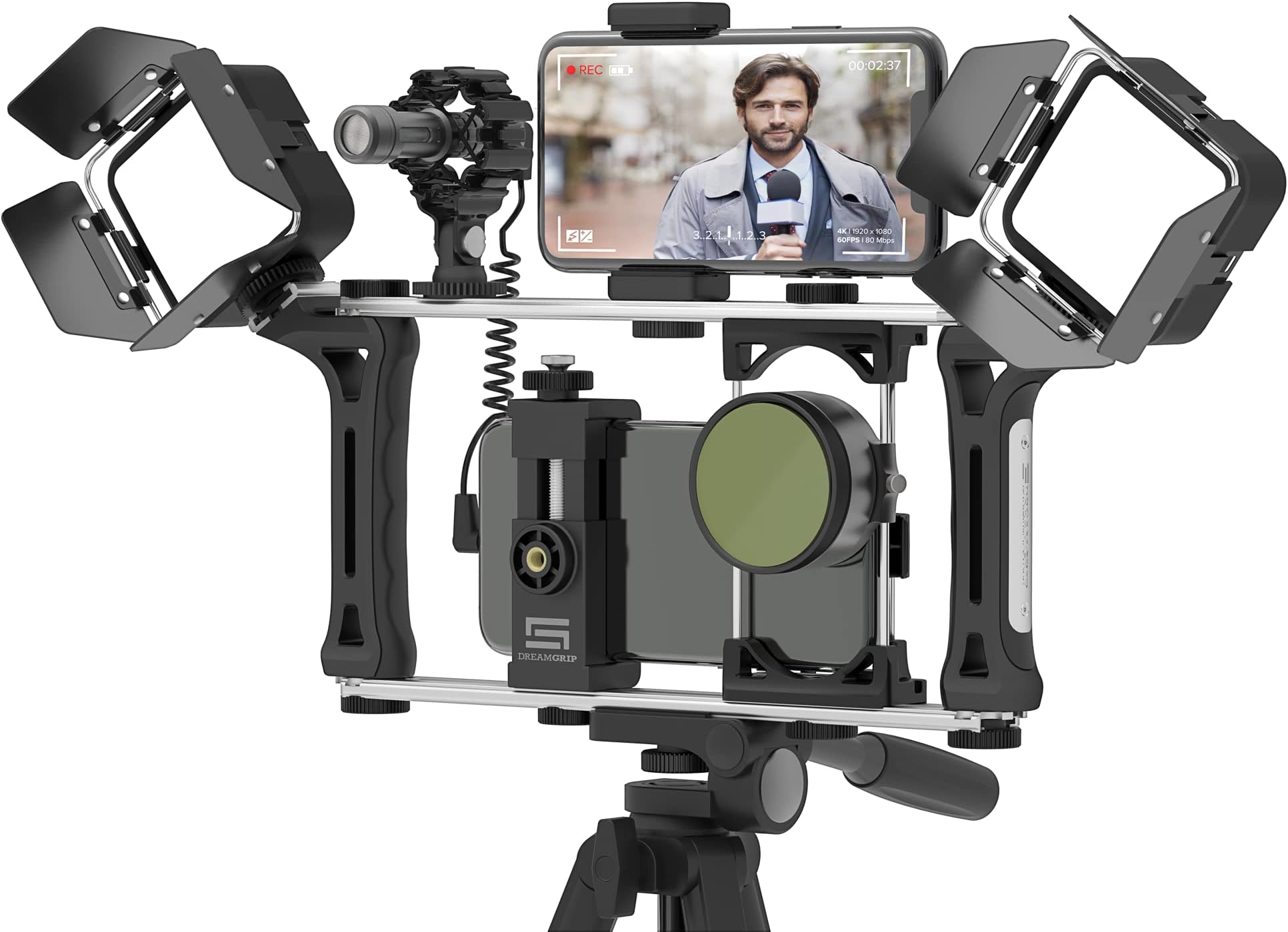Evolution MOJO 2 Plus Universal Modular Video Rig Kit for iPhone,Smartphones,DSLR,Action Cameras-Complete Journalist Kit w/52-37-17mm Optics Adapter/Hood/Filters/Gun Microphone/2*LED Lights