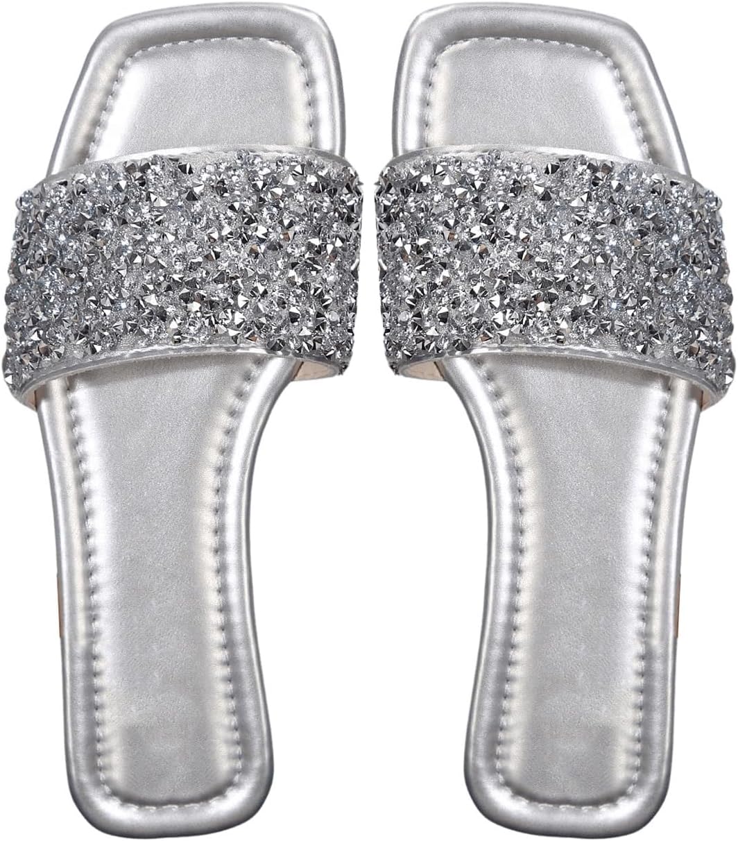 GORGLITTER Women's Sparkly Jeweled Flat Sandals Dressy Open Toe Glitter Shiny Slippers Slip-on Shoes