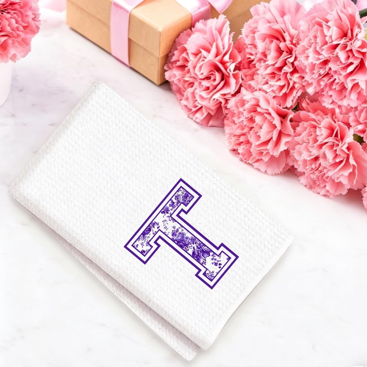 Chinoiserie Initial Kitchen Towels, Personalized Kitchen Towels, Personalized Gifts for Women, Purple Floral Initial T Waffle Hand Towel, Home Holiday Bathroom Bar Decor 14x24 Inch image 4