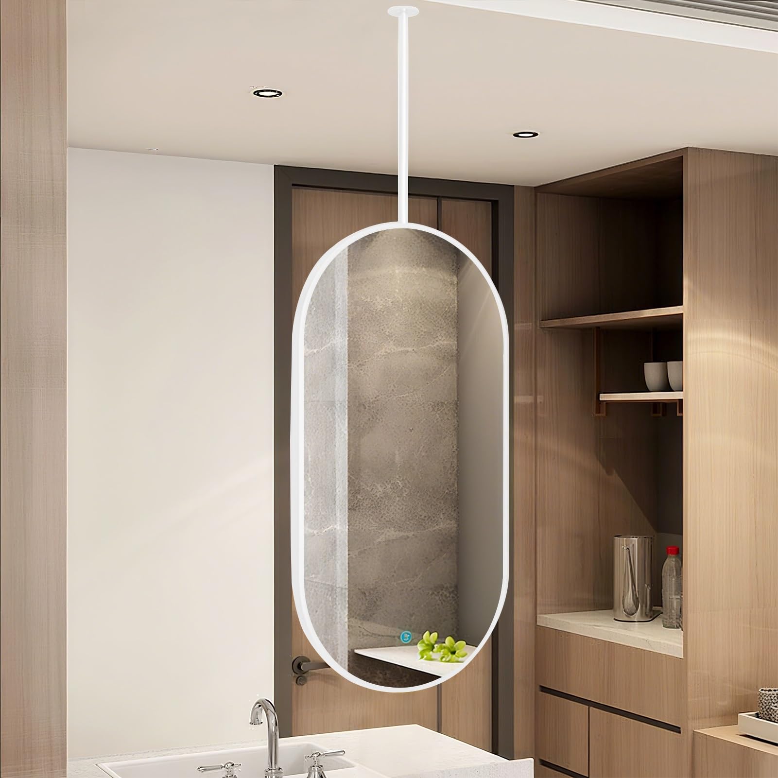 FGXHHS Oval Ceiling Mirror with Metal Frame and Boom, Wall Mounted Floating for Bathroom Vanity Shaving Makeup